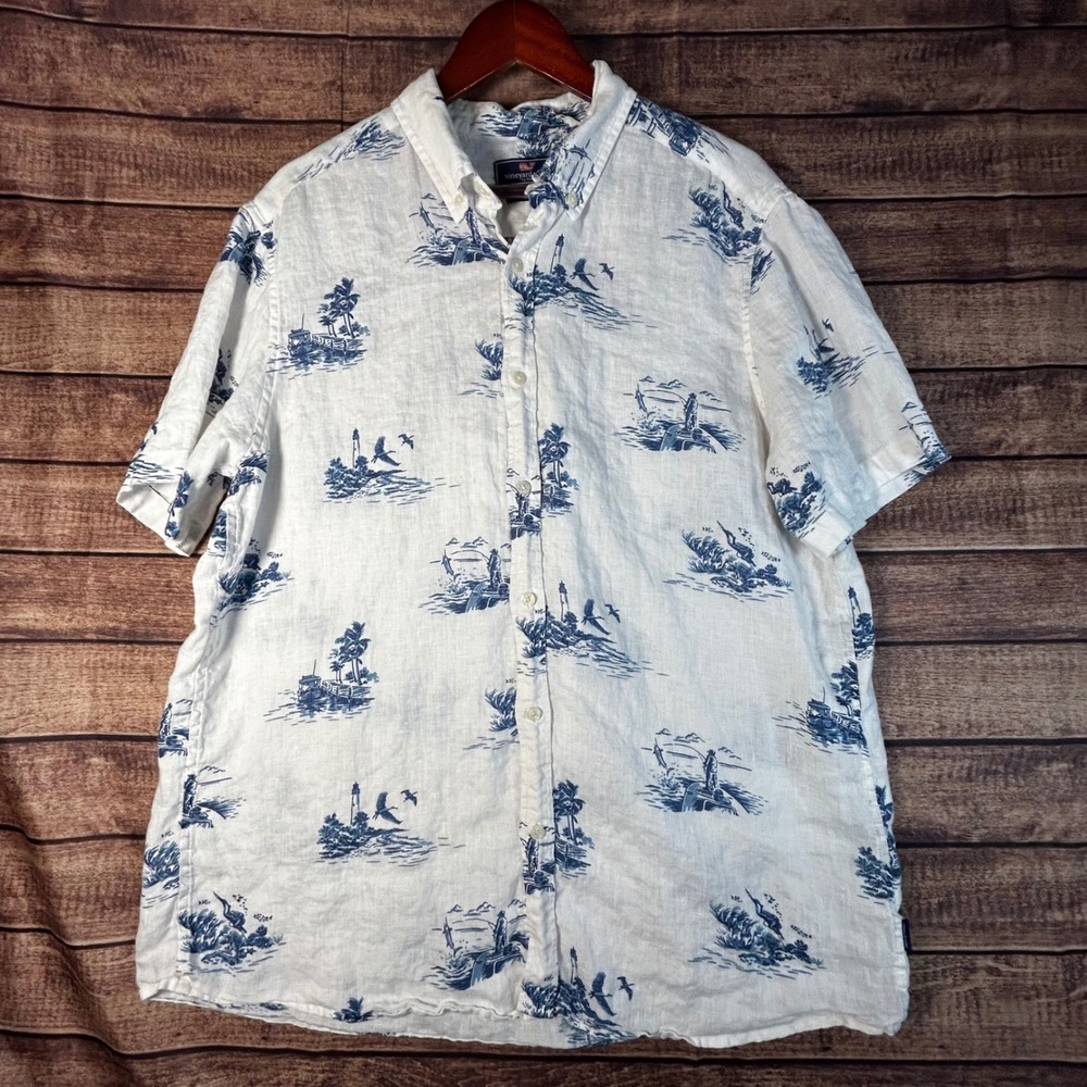 Vineyard Vines Mens XL Linen Shirt Short Sleeve Tropical Nautical Toile Blue